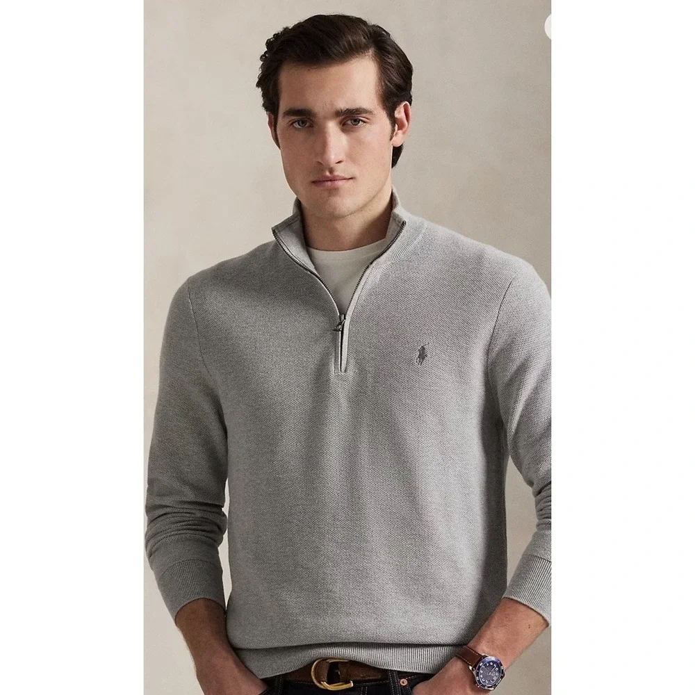 Polo Ralph Lauren Mens Mesh-Knit Cotton 1/4 Zip Sweater Cotton Sz L Logo Gray